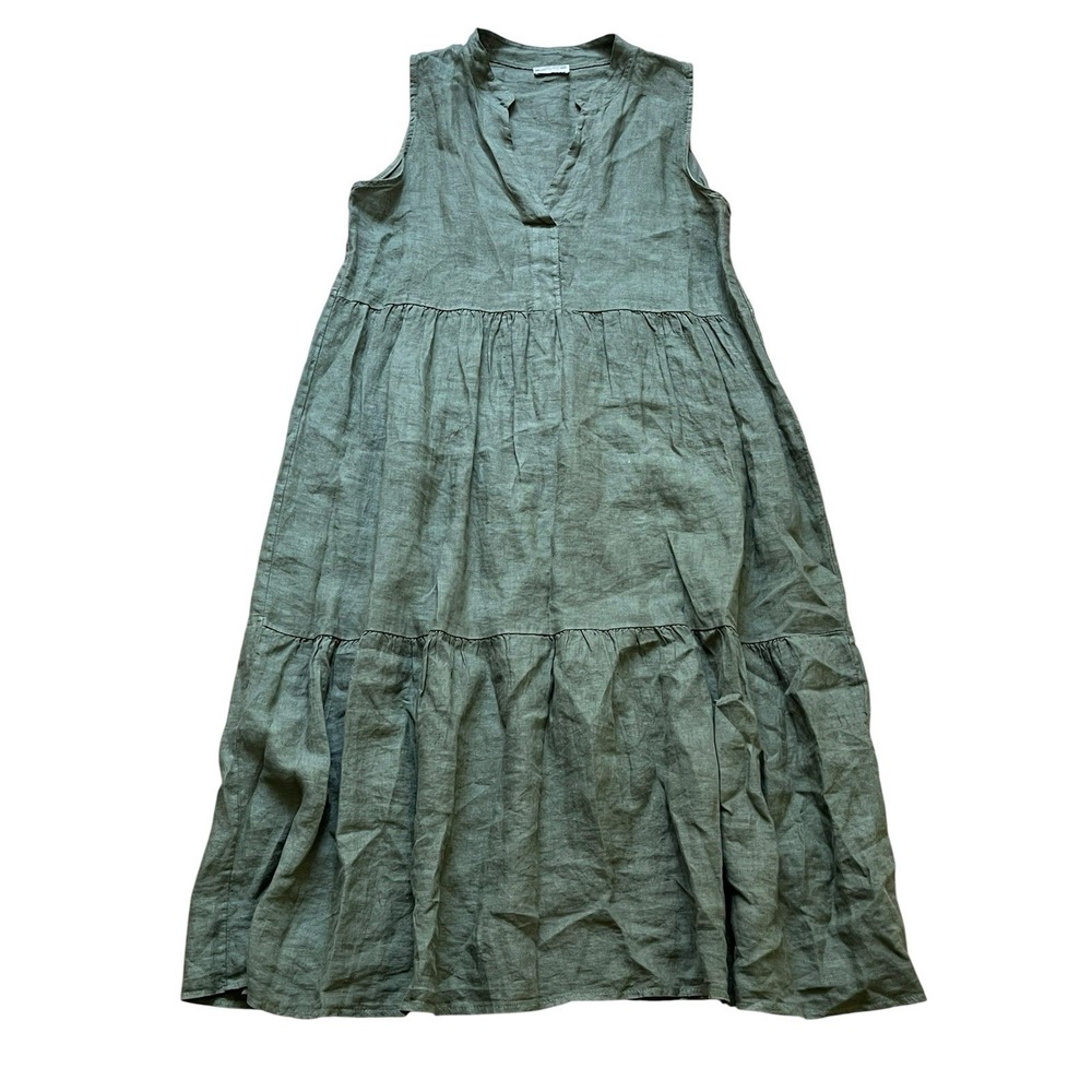 Bellambia Tiered Linen Dress Maxi Coastal Resort Sleeveless Green, Size Large